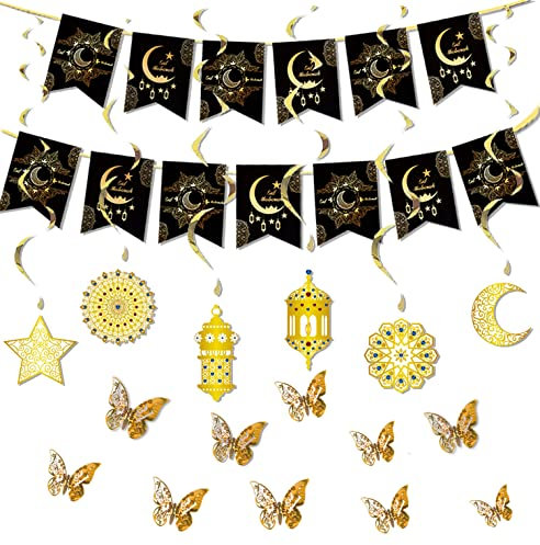 Ramadan Deko 10m Ramadan Banner+6 Stück Ramadan Anhänger Ornament+10 Stück 3D Goldener Schmetterling Ramadan Kareem Banner für Ramadan Partyzubehör