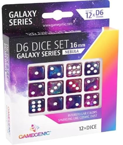 Gamegenic, Galaxy Series – Nebula – D6 Dice Set 16 mm, Zubehör | Set aus 12 hochwertigen W6 aus Acryl, Ansprechende Farben und Glanzeffekte mit funkelnden Partikeln, Würfelgröße: 16 mm