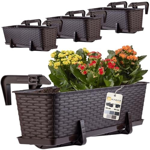 KADAX Macetas de Plástico Imitación Ratán, Maceteros Rectangulares con Platillos y Soportes para Exterior, Jardineras Colgantes (4: Marrón, 60 cm)