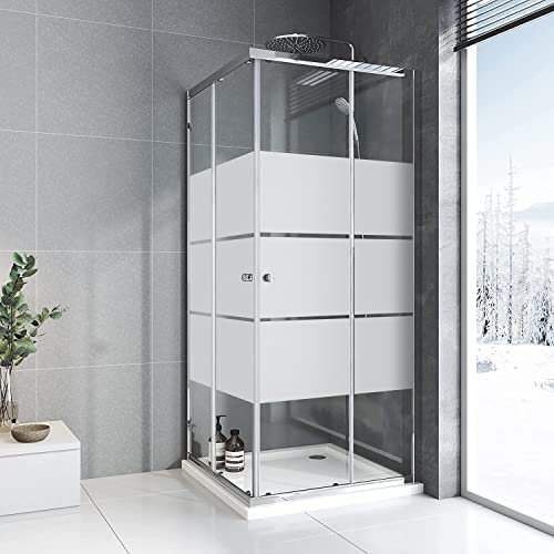 Duschkabine 75x90cm Eckeinstieg mit Schiebetüren,6mm ESG Glas Duschabtrennung Doppel Schiebetür mit weißen Streifen,Über Einer Duschwanne Oder Fliesen Montiert,Höhe 185 cm,Silber(Ohne Duschtasse)