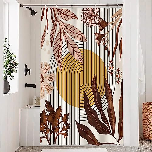 Uiiooazy Duschvorhang Boho Style, Duschvorhang 120x200cm Rosa Abstrakt Blumen Gelb Sonne Duschvorhänge Anti Schimmel Stoff Waschbar Wasserdicht Polyester Bad Vorhang mit 8 Haken für Badezimmer