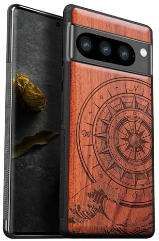 Carveit Holz Hülle für Pixel 8 Pro, Pflaumenfarbe-Kanagawa Waves | Cover [Einzigartiges Design Case] Stoßstange Stoßfeste hulle Kompatibel mit Google Pixel 8 Pro Handyhulle