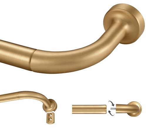 Lwiiom Warm Gold Curtain Rod for Windows 28 to 56 Inch, Internal Splicing 1 Inch Diameter Disc, Adjustable Room Darkening Curtain Rod with Aluminum Finials and Brackets, Wrap Around Design