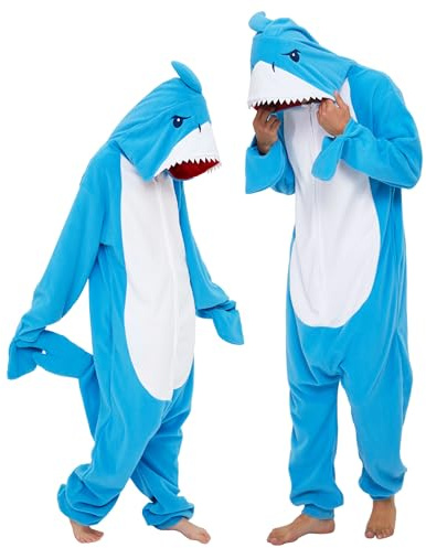 dressfan Unisex Hai Kostüm Tier Shark Onesie Pyjama Schlafanzug Jumpsuits Halloween Karneval Cosplay Kostüm Weihnachten Pyjamas für Damen und Herren