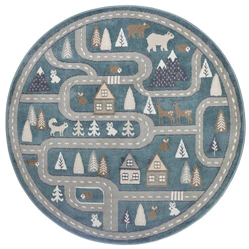 Hanse Home Adventures Kinderteppich Rund - Straßen Muster, Spielteppich Straße Auto Teppich Junge Mädchen für Kinderzimmer, Spielzimmer, Jugendzimmer, Wohnzimmer - Grün Grau, 100cm