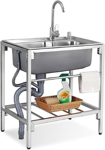 Fregadero independiente de acero inoxidable, fregadero de cocina comercial, restaurante, lavado, lavabo de mano, fregadero móvil con grifo de tubería de agua fría y caliente para garaje al aire libre,