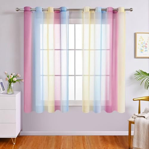WUBODTI Violette Ombré-Vorhänge, 160 cm Länge, für Mädchenzimmer, Kinderzimmer, Dekoration, Einhorn-Prinzessinnen-Thema, bunte Vorhänge für Kinderzimmer, Wohnzimmer, Lila, Blau und Gelb, 2 Paneele