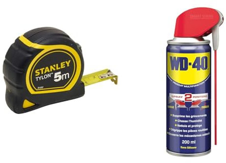 Stanley 1-30-697 - Mètre Tylon Bi matière 5m X 19mm - Ruban Anti-Corrosion & WD-40 Produit Multifonction Spray Double Position Sans Silicone Non Conducteur Compatible Plastiques, Caoutchoucs