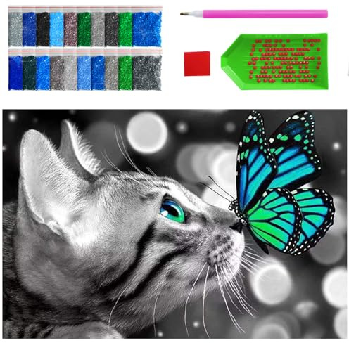 ARTULIO Diamond Painting 60x40 cm - Schwarz-weiße Katze | Komplettset für Erwachsene: Leinwand, 29.892 Diamanten, Stift, Tablett und Kleberkissen - Malen mit Diamanten