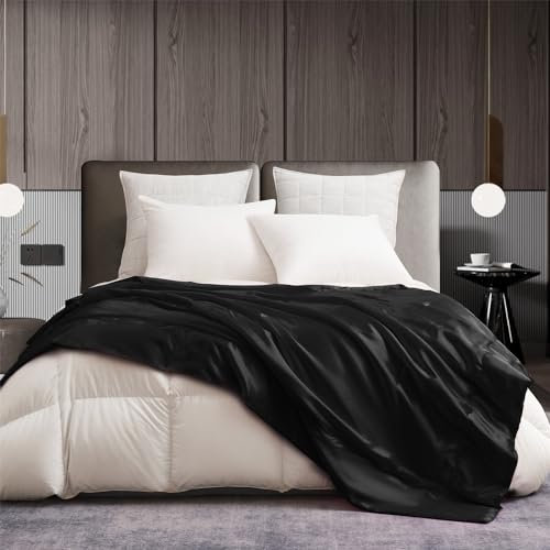 Gezu Satin Decke 220x240 Schwarz Satin Sofadecke Kühlende Seidige Seide Sommerdecke Leicht Weich Luxus Glatt Glänzend Satin Tagesdecke Kuscheldecke für Bett Sofa Couch Schlafzimmer Büro Reisen