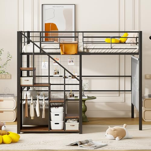 Kinderbett Etagenbett 140x200cm, Metallbett Hochbett mit Treppe und Stauschrank, Multifunktionsbett Doppelbett Stockbett Spielbett Kinderhochbett Jugendhochbett mit Lattenrost, Ohne Matratze, Schwarz