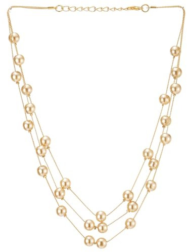 Oro Statement Dichiarazione Collana Tre Filoni Lunga Catena con Sintetico Champagne Perla Perlina, Elegante