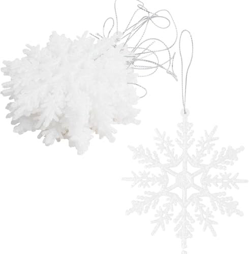 DERAYEE 12 Stück Schneeflocken Weihnachten Deko,Glitter Hängende Ornamente,Weihnachtsbaumschmuck zum Aufhängen (Weiß)