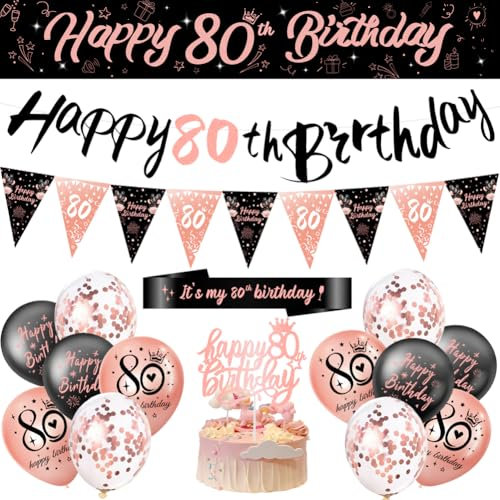 Sunflower-boom 80th Birthday Decorations for Women, 80th Banner Bunting Balloons Triangle Flags Cake Toppers and Sash For Happy 80th Birthday Party Decoration Black Rosegold