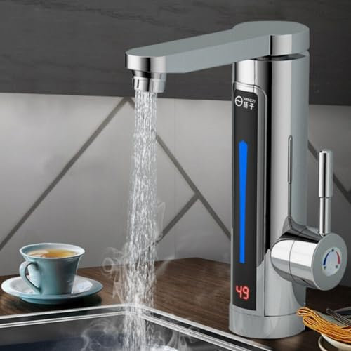 Konfiur 3300W Elektrischer Wasserhahn mit Durchlauferhitzer, Badarmatur Küchenarmatur, 360 ° Drehbarer Wasserhahnaufsatz LED Temperaturanzeige Mischbatterie
