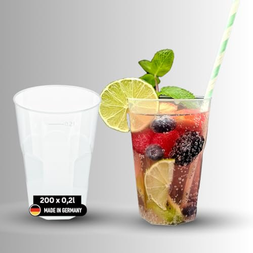 DeinPack 200 Cocktailbecher 200ml Made in Germany | wiederverwendbare Getränkebecher mit Eichstrich | bruchsicher | spülmaschinenfest | transparente Trinkbecher 0,2l | Partybecher