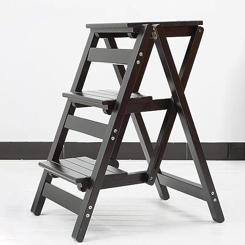 GXXINGIN Wooden Folding Library Ladder Chair, 3 Step Solid Wood Folding Ladder Chair, Protable Wooden Step Stool, Multifunction 3-in-1 Wood Step Stool, for Home, Library (Color : Black)