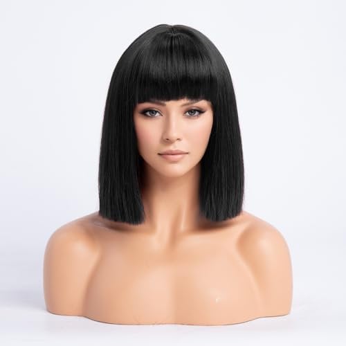 SIMKAYLEE Shoulder Length Straight Black Wigs with Bangs for Women Short Black Bob Synthetic Wig with Fringe for Cosplay Costume Anime Fancy Dress Party Halloween Daily Use (12Inch)