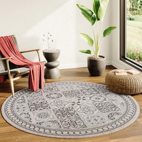 TAPISO Melissa Rund Teppich Outdoor Braun Schwarz Grau Mosaik Indoor Küche Flur Balkon Terrasse Wohnzimmer Schlafzimmer Sisal Kurzflor ÖKO-TEX 120 x 120 cm