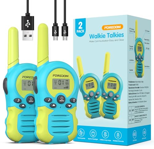 FOREDOM Wiederaufladbare Walkie Talkies für Kinder Walkie Talkies Funkgeräte Set Spielzeug für Jungen & Mädchen 3-12 Jahre, Abenteuer, Camping, Wandern – 2er Set