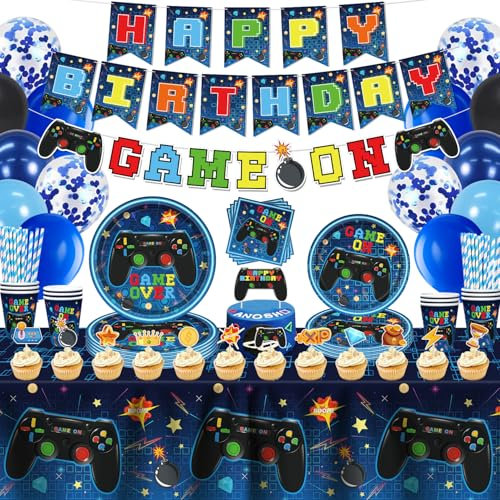 LWYGEGJO 169 Pcs Video Game Birthday Decorations Party Supplies, Blue, Includes Plates, Cups, Napkins, Balloons, Banners, Tablecloths, Cupcake Toppers for Game on Birthday Party, Serves 20 Guests