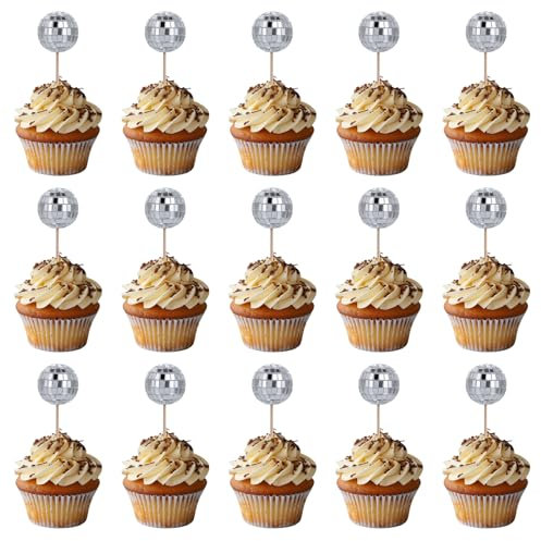 20 Pcs Disco Ball Cupcake Toppers, Disco Ball Cake Decorations, Disco Ball Cake Topper, Mini Disco Balls, Small Disco Balls Cake Dessert Toothpicks, Disco Party Ornament 70s Theme Party Favor (Silver)