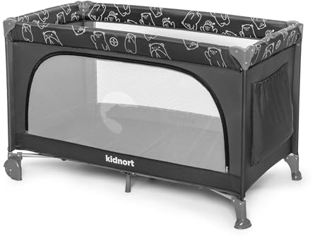 kidnort Grotta Reisebett Baby mit Matratze faltbares Babybett Kinderbett klappbar mit Tragetasche für unterwegs mit Rollen Seiteneinstieg praktische Tasche Dunkelgrau