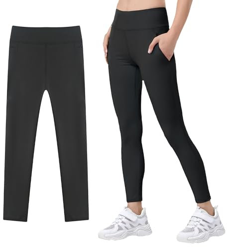 JinBei Mädchen Leggings mit 2 Taschen Sportleggings Hohe Taille Elastisch Sportkleidung Kinder Atmungsaktive Lang Sporthose Gymnastikhose für Jogging, Training für 10-11 Jahre, GR.146-152, Schwarz