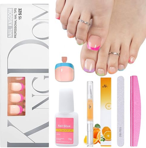 150 Stück Falsche Fußnägel Kit - 15 Größen Künstlich Fußnägel Tips, Zehennägel zum Aufkleben, Bunt Französisch Toe Nails Tips für Frauen, Künstliche Fussnägel Selbstklebend für DIY Maniküre (Farbe)