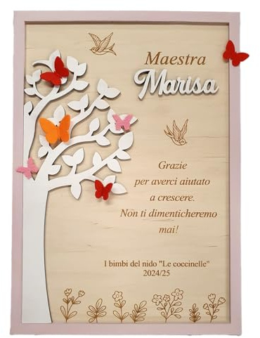 Quadro di Ringraziamento per Maestra Maestro Personalizzato, Decorazione in Legno con Farfalle ed albero della vita, idea regalo di fine anno, chiusura scuola - dedica personalizzata