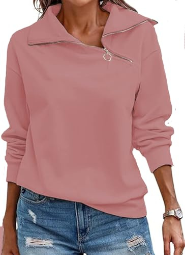 Cuptacc Damen Pullover Winter Quarter Zip Rollkragen Langärmelig Sport Top Damen Loose Baisc Einfarbig Outfit Dunkel Rosa, Klein S 36