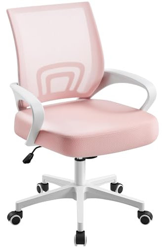 Yaheetech Bürostuhl Ergonomisch, Schreibtischstuhl mit Netzbespannung und Armlehnen, Drehstuhl aus Mesh, Chefsessel Wippfunktion, Höhenverstellbar Rückenschonend bis 136kg Belastbar, Rosa