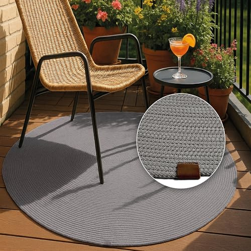 Astra Robuster Outdoorteppich rund - Beidseitig nutzbarer Teppich Innen und Außen - Handgenähter-Teppich Balkon, Terasse, Garten - Grau rund Ø 120 cm