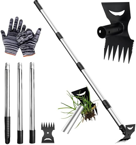 DpTerranubis Weed Puller Tool, long handled weeding tool, Handle Garden Weed Puller Root Removal Tools Extending Handle Patio Weed Remover Tool Ergonomic Dandelions Root Remover for Yard