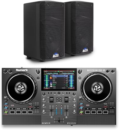Numark Mixstream Pro Go DJ Controller and ALTO TX408 Powered PA Speakers Pair for Live Music, DJ sets, Events, Music production
