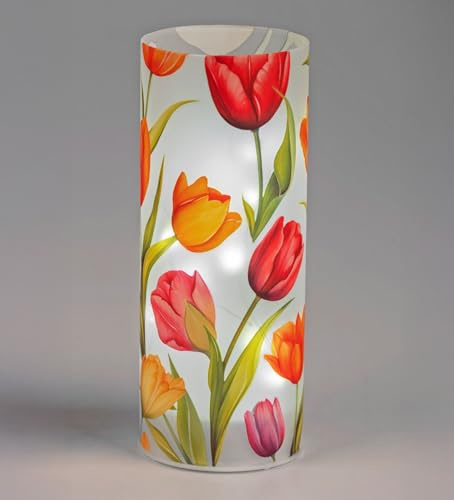 formano LED Deko Licht Blütentraum Zylinder Glas 20 cm Tulpen Blumen Motiv Timer 6h/18h, batteriebetrieben (3× AA), stimmungsvolles Ambientelicht für Tisch, Fensterbank & Regal