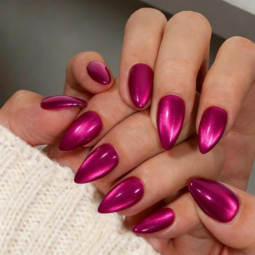 OuryTech 30 Pieces Cat Eye Press On Nails Short Almond Stiletto Fake Nails Shiny Chrome Soft Gel Full Cover Nails For Women