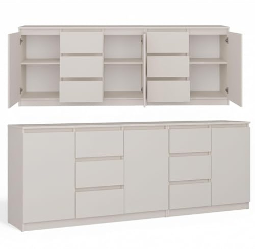 CDF Sideboard 200cm Kommode grifflos 3X Tür 6 Schubladen Büro Flur Kaschmir | Anrichte Wohnzimmer Schrank modernes Möbelset viel Stauraum Schlafzimmer Rollschienen Stahlscharniere matt 16mm Spanplatte