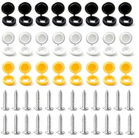 48 Pcs Number Plate Screws & Caps | Number Plate Screws Universal Car License Plate Fixing Kit | Number Plate Caps: Black, White, Yellow – 8 Each | Easy DIY Install