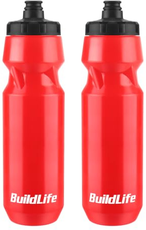 BuildLife 2 Pack Sports Water Bottle, 1L Squeeze Water Bottle, Biking Water Bottles, BPA Free & Leakproof Cycling Bottles for Hiking, Outdoor Sports Dishwasher Safe (1L-YD-WX-UK-2pcs Red)