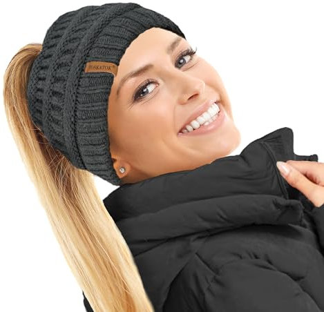 TOSKATOK® Damen Frauen Plain Ponytail Messy BUN GERIPPTE Winter Beanie Hut Cap Hair Hairband