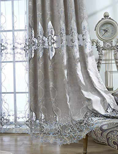 Lactraum Vorhang Wohnzimmer Transparent Weiss mit Ösen Luxus Vintage Klassische Blumen Stickerei Voile 200 x 245 cm