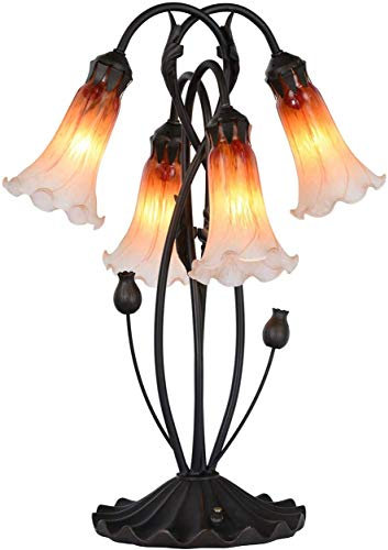Bieye L30699 Lily Flowers Tiffany Style mundgeblasenes Glas Akzent Tischlampe Nachtlicht für Nachttisch Wohnzimmer Schlafzimmer Dekoration, 4 Lichter, Orange