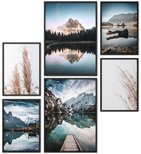 Papierschmiede® Mood Poster Set Mountain View, Gerahmte Bilder (Rahmen: Material und Farbe wählbar), Wohnzimmer Deko Schlafzimmer, 2x A3 und 4x A4, Berg Wald See Pampas Gras