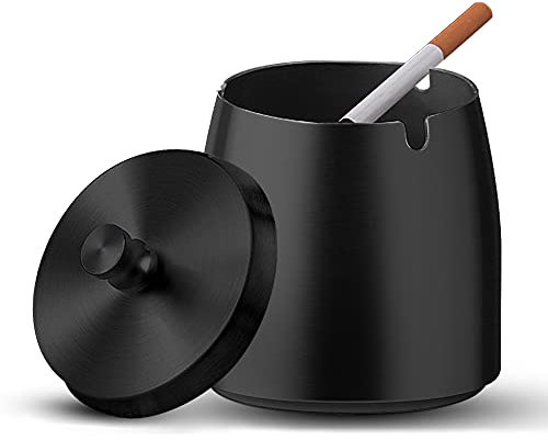 Posacenere Esterno Portatile in Acciaio Inox con Coperchio, Portacenere Sigaro Chiuso Antivento Antiodore Cigar Ashtray, Moderno Grande Metallo Posacenere per Interno Giardino Balcone Terrazzo (Nero)