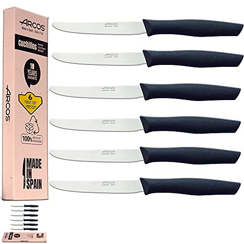 Arcos Juego Cuchillos Carne | Cuchillo chuleteros | Cuchillos Carne Cuchillos Mesa | 6 Uds | Hoja 110 mm | Acero Inoxidable | Mango Nylon | Apto lavavajillas | Envase Ecológico (Filo Liso)
