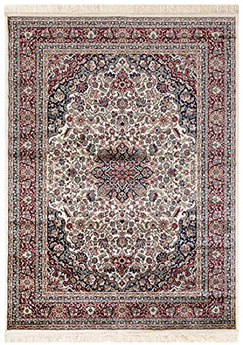 Carpeto Rugs Teppich mit Fransen Orientalisch in Creme Rot - Wohnzimmer Schlafzimmer - Klassisch Orient Muster dicht gewebt - Kurzflor Weiche Viskose - Faser 80 x 220 cm