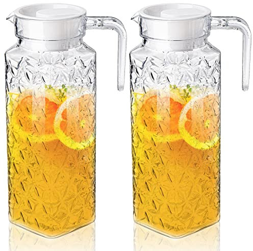 Peohud 2 Pack Acrylic Pitchers with Lid, 1.1 Litre Clear Plastic Juice Jug with Handle, Transparent Water Pitcher for Fridge, Iced Tea, Sangria, Lemonade, Cold or Hot Beverages, BPA-Free,Shatter-Proof