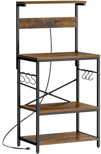 SUPERJARE Kitchen Bakers Rack with Power Outlet, Coffee Bar Table 4 Tiers, Kitchen Microwave Stand with 6 S-shaped Hooks, Storage Shelf Rack for Spices, Pots and Pans - Rustic Brown