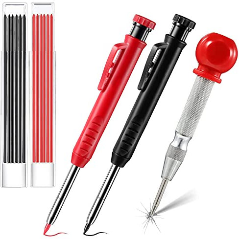 JXINLODGEG Tischler Bleistifte Set, 2 Solide Zimmermannsbleistifte mit 14 Bleistiftsminen und Automatik Körner, Druckbleistift Tieflochmarker Anreißwerkzeug mit Eingebauter Spitzer
